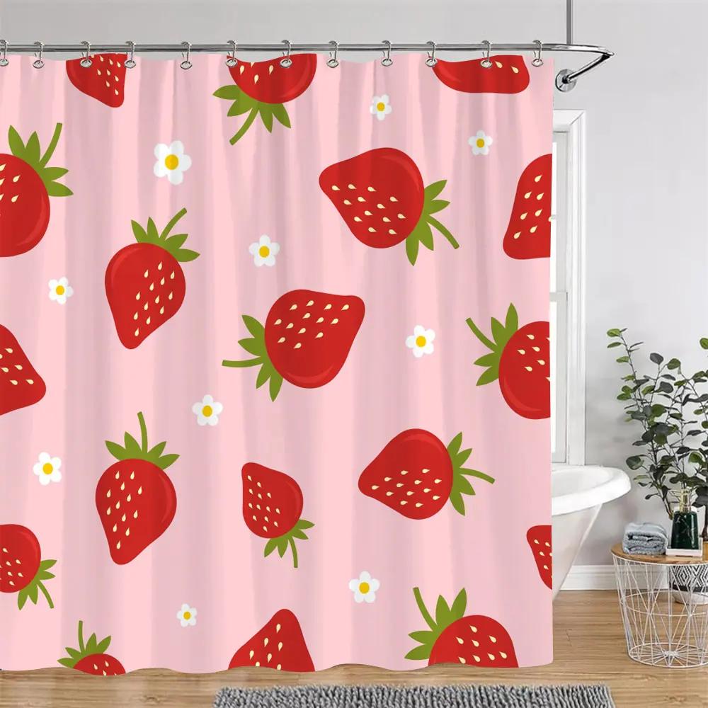Třešeň Jahoda Citron Broskev Ovocný Potisk Sprchový Závěs Polyesterová Tkanina Dětské Koupelnové Závěsy Koupelnová Dekorace S Háčky