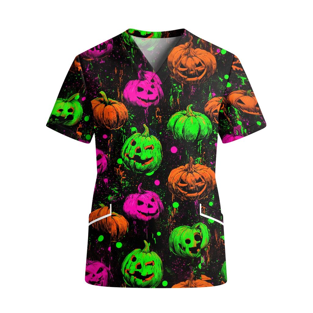 Women's V Neck Short Sleeve Work Top with Pockets Halloween Print Medical Scrub Shirt for Healthcare Professionals Comfortable Fit