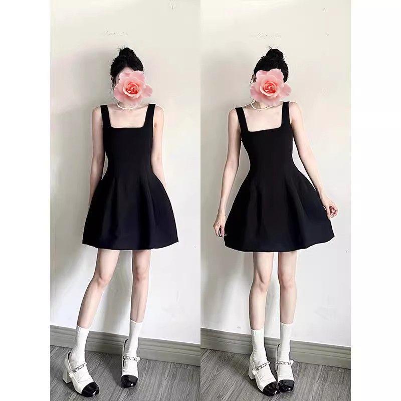 Women's French Hepburn Style Petite Spaghetti Strap Little Black Dress - Summer High-End Short Skirt