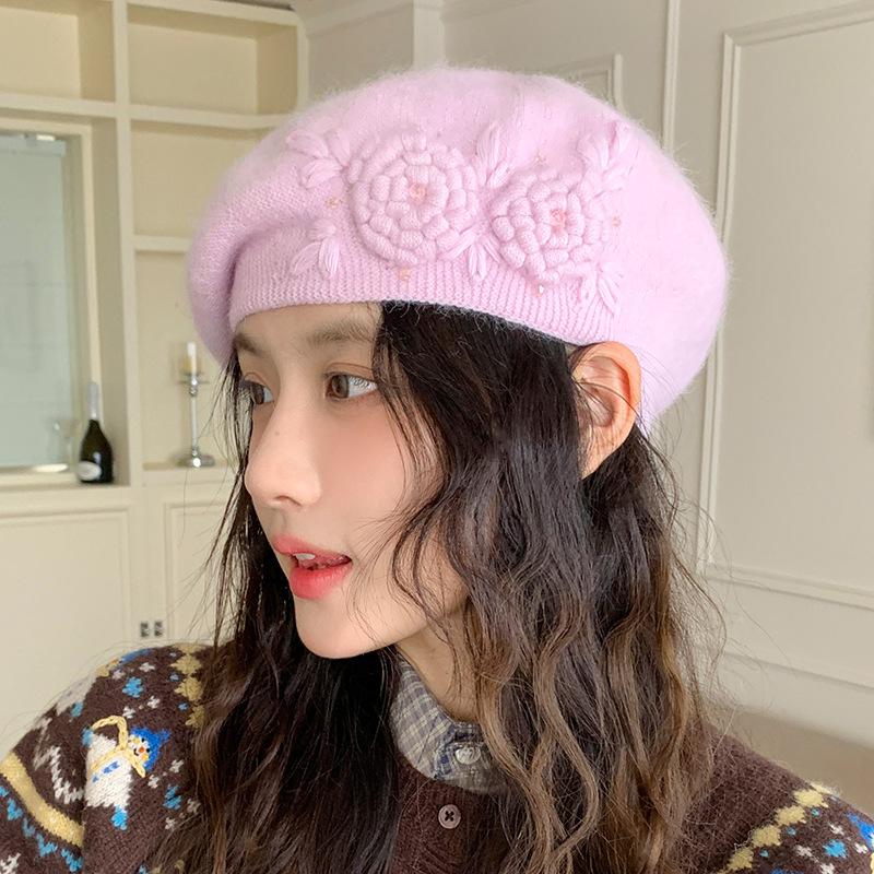 Autumn and Winter Hat Femininity Sweet Headhat Flower Rabbit Velvet Knitted Beret,Winter Hats for Women, Beanies for Women, Hats for Women Winter
