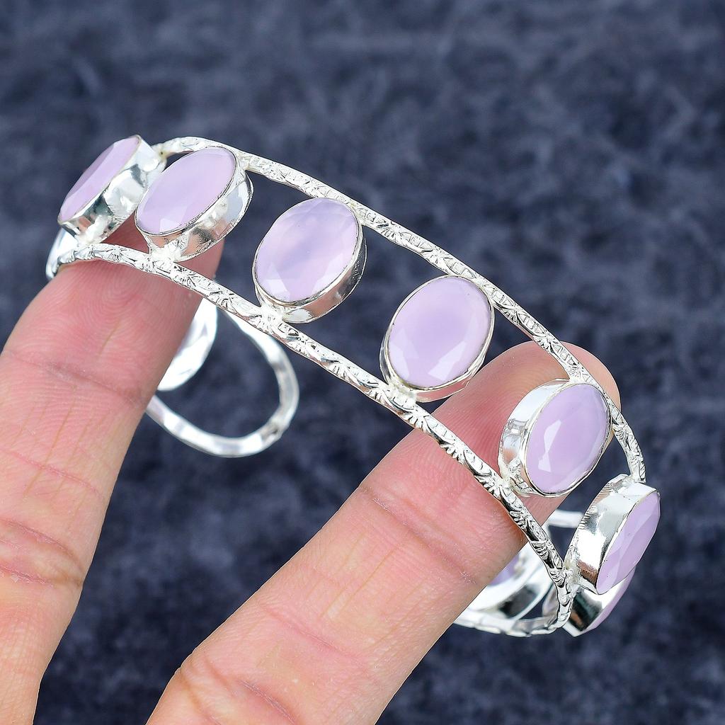 Pink Chalcedony Gemstone 925 Sterling Silver Cuff Bangle Adjustable M-3334