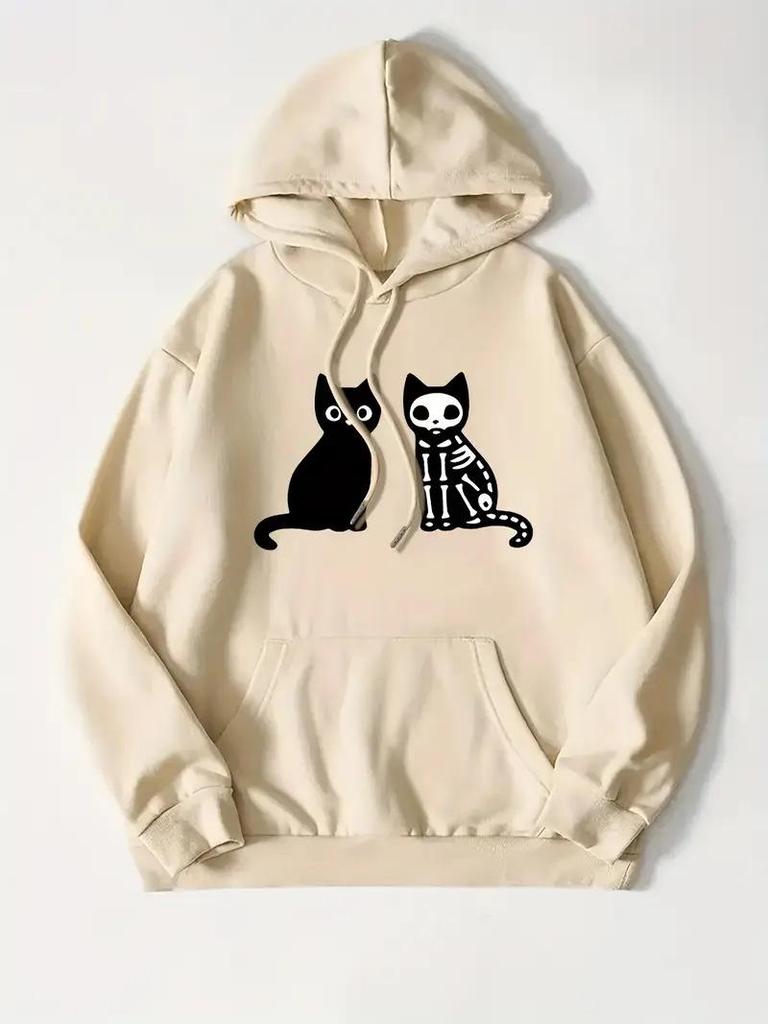2025 American Style Cat Pattern Hooded Sweatshirt - Loose Fit for Autumn/Winter