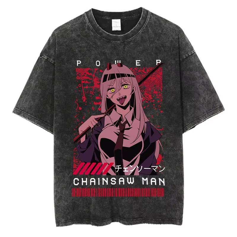 T-shirt Lavé Vintage Chainsaw Man pour Hommes et Femmes Été 2026 Motif Dessin Animé Coupe Ample Décontractée Manches Courtes