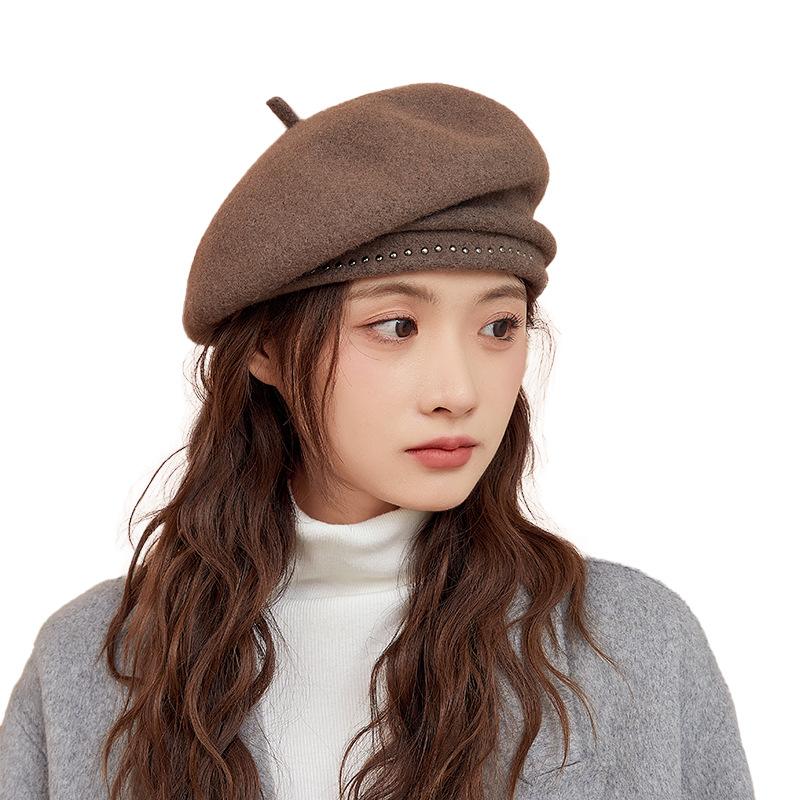 Winter Hat Women Beret Elastic Knit Solid Color Soft Warm Thick Windproof Decorative French Artist Painter Vintage Elegant C