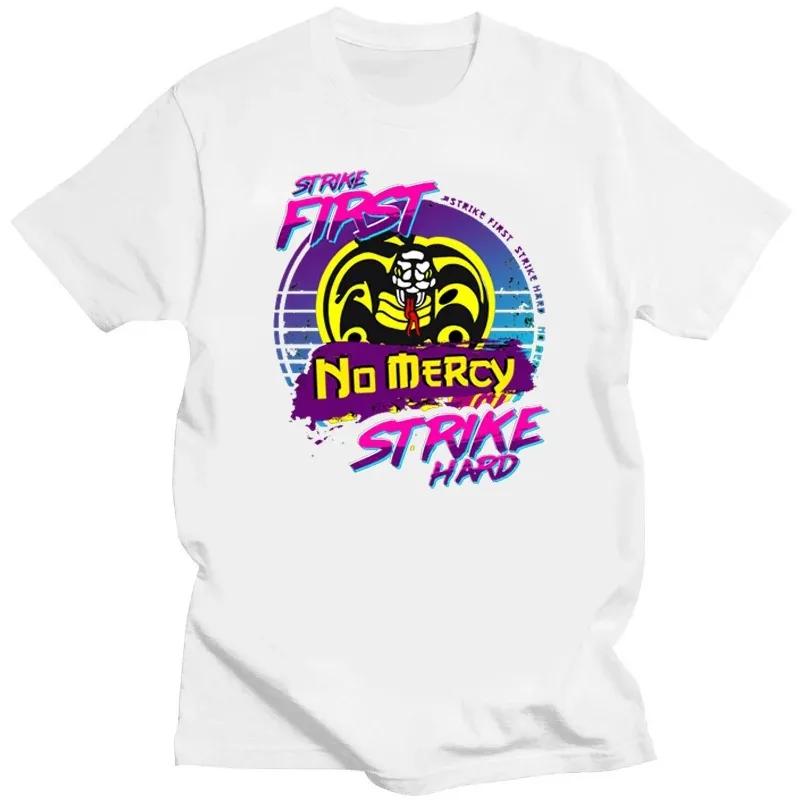 Vintage Cobra Kai T Shirt Men Tshirt Unique Tee Short Sleeved Karate Kid Strike First Strike Hard No Mercy Tops Ropa Hombre