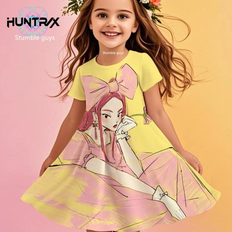 Summer girls fashion cute casual gradient rainbow full-print round-neck short-sleeved waist-cinching casual dress 110