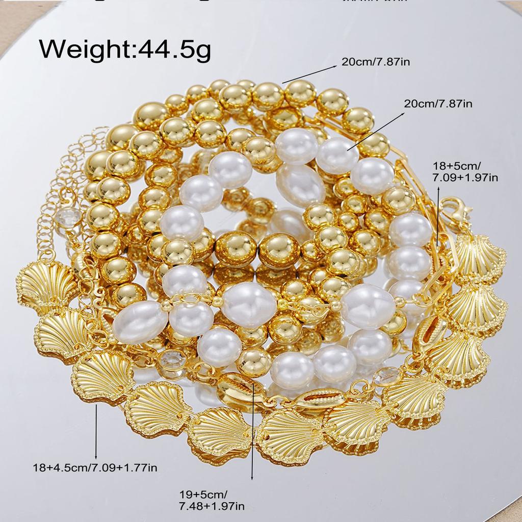 7-teilige Perlenarmbänder mit Imitationsperlen für Damen, Bohemian, goldfarben, Muschel, Zirkon, Armband-Sets, Schmuckgeschenke für den Sommerurlaub