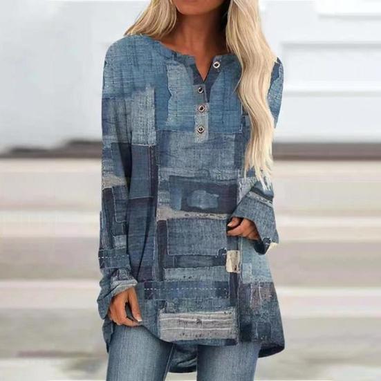 

Рубашка Маленькая женская рубашка с v-образным вырезом в стиле ретро и принтом на пуговицах с длинным рукавом на осень