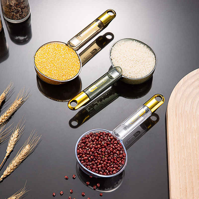 Colher de arroz multifuncional para escavação de farinha, colher de plástico para uso doméstico com cabo longo e braçadeira para saco de alimentos, ferramenta de cozinha