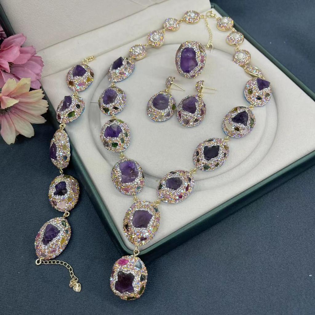 New European and American natural crystal inlaid ring earrings bracelet necklace fashionable and popular jewelry sets for women
