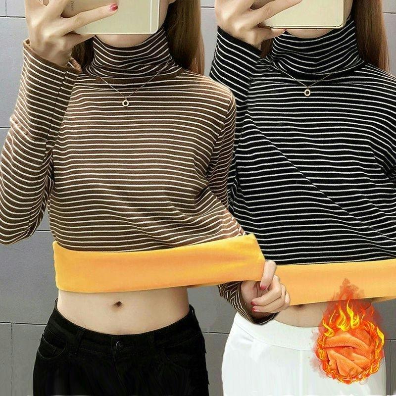 Women's Striped Fleece-Lined High Neck Base Layer Shirt - Long Sleeve Turtleneck Top for Fall/Winter
