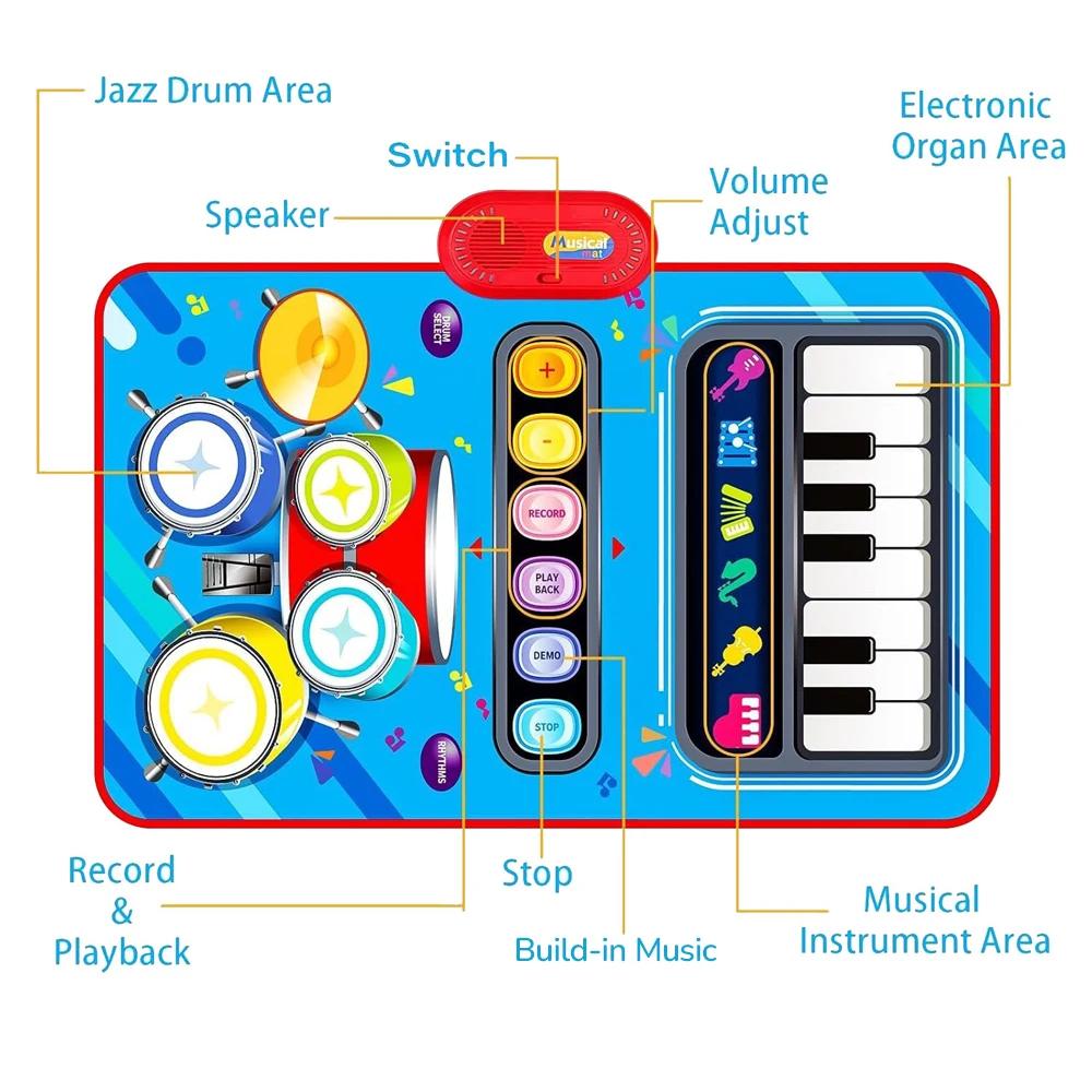 2 IN 1 Kids Drum Piano Mat Floor Keyboard Dance Mat Play Musical Carpet Music Instrument Toy for Toddlers Girls Boys Xmas Gifts