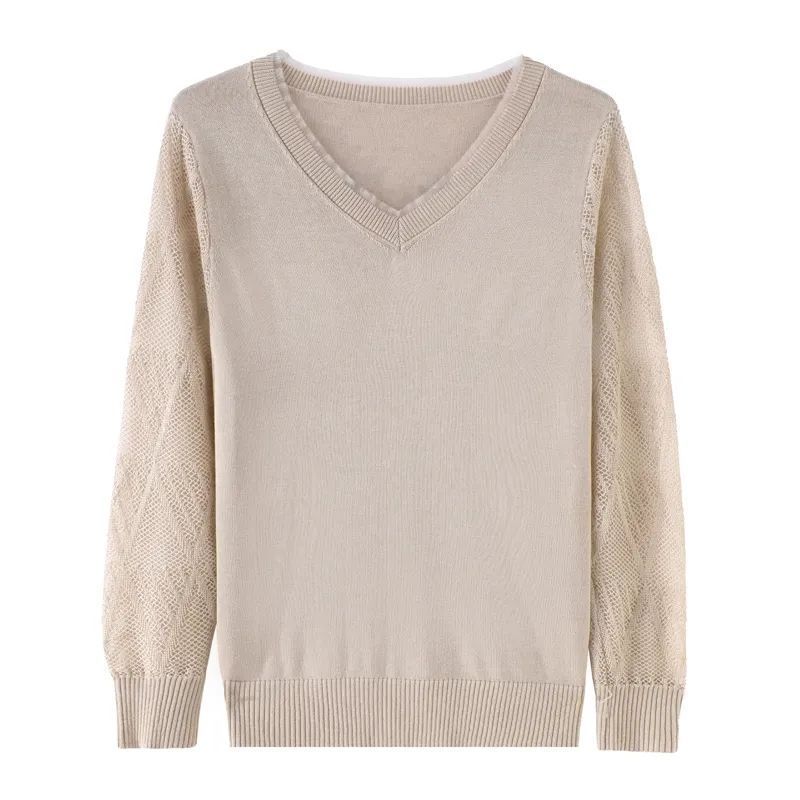 Pulover de bază tricotat cu mâneci din dantelă de toamnă pentru femei de vârstă mijlocie care poartă pulover cu decolteu în V subțire