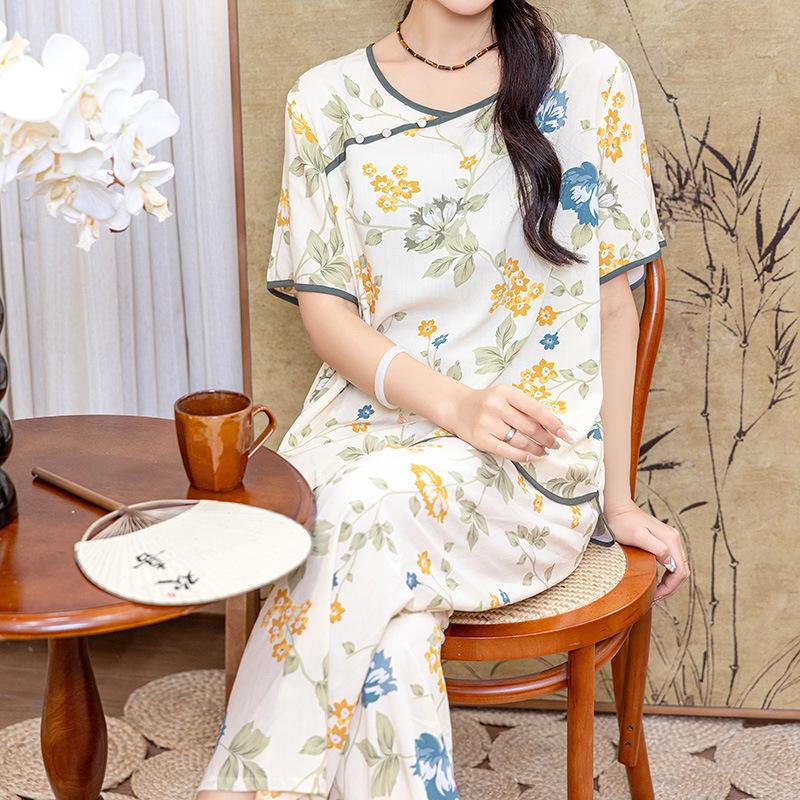 New pajamas women's summer cotton silk retro style women's new Chinese hanfu mother cotton silk loungewear large size