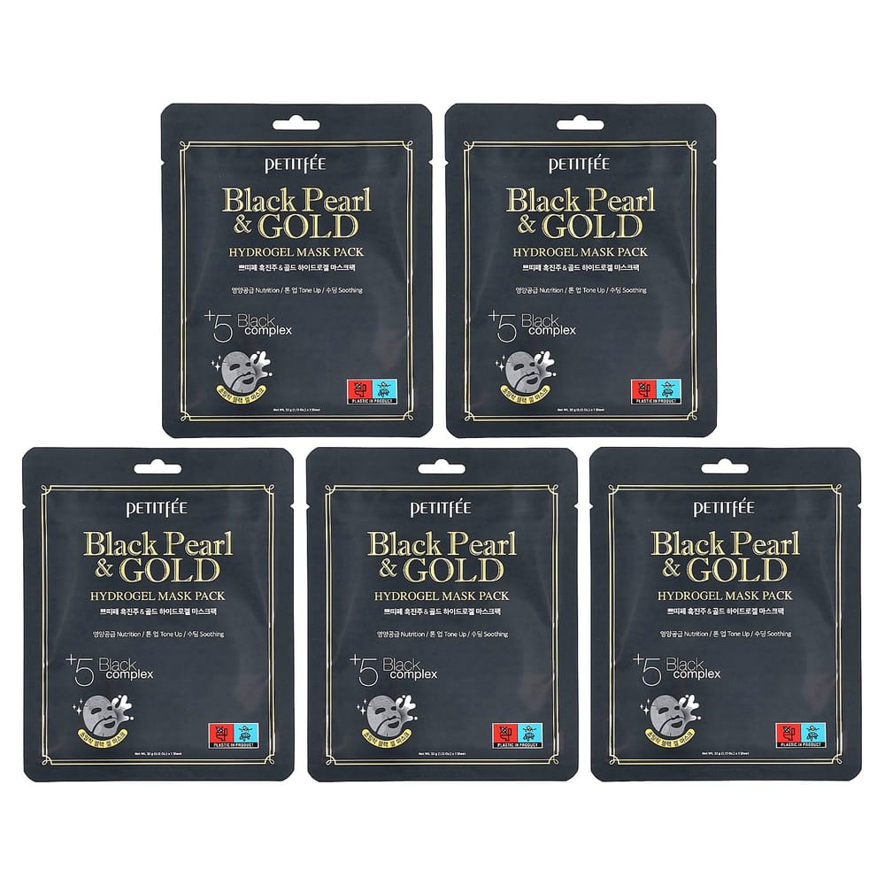 Petitfee Black Pearl & Gold Hydrogel Beauty Mask Pack, 5 Sheets (32g Each)