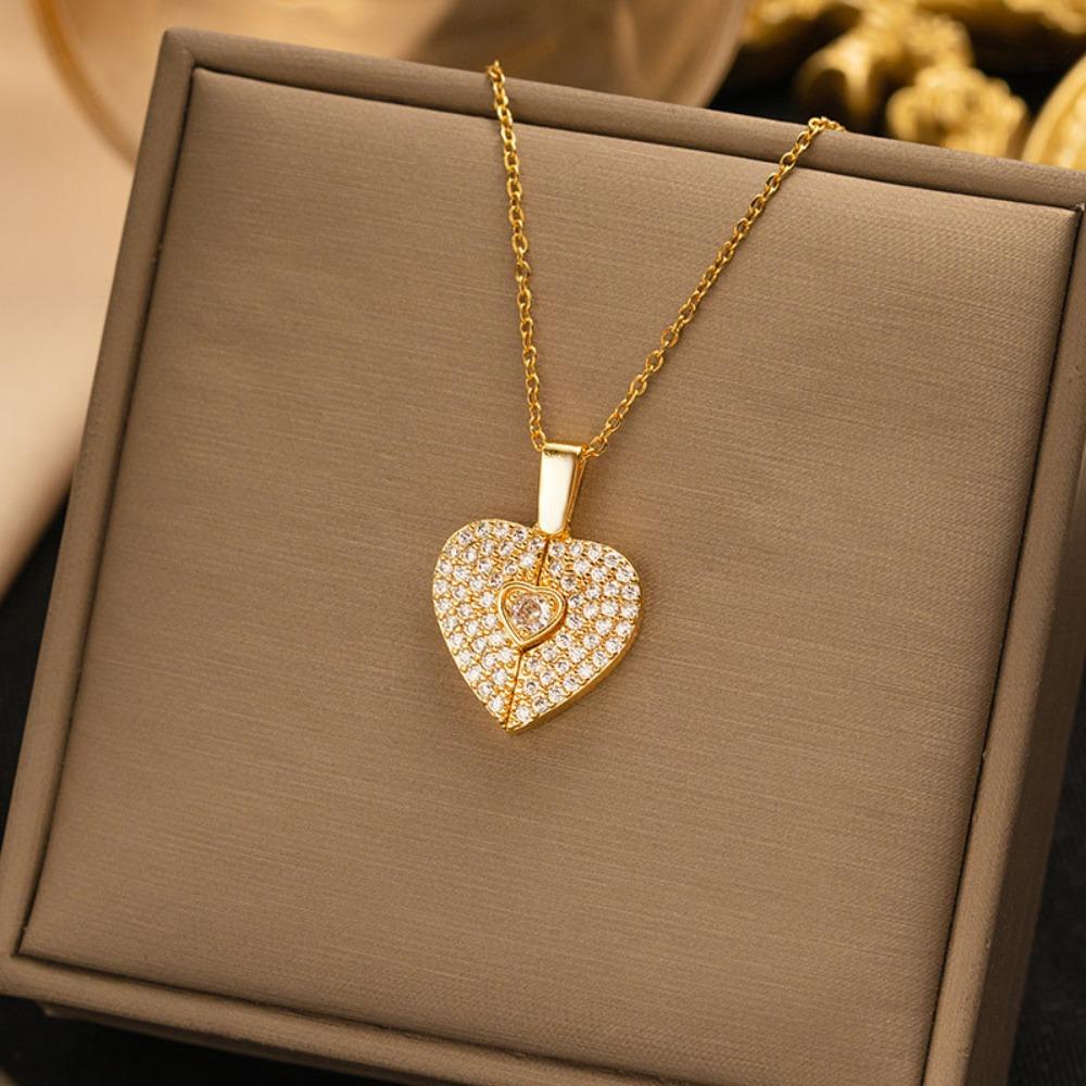 Trendy Titanium Steel Heart Pendant Necklace for Women Elegant Open Close Love Shape Collarbone Chain Jewelry