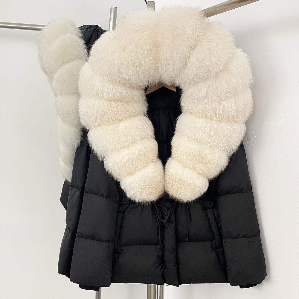Removable oversized fox fur collar women's short down jacket women's winter new hooded waist and thin fur jacket