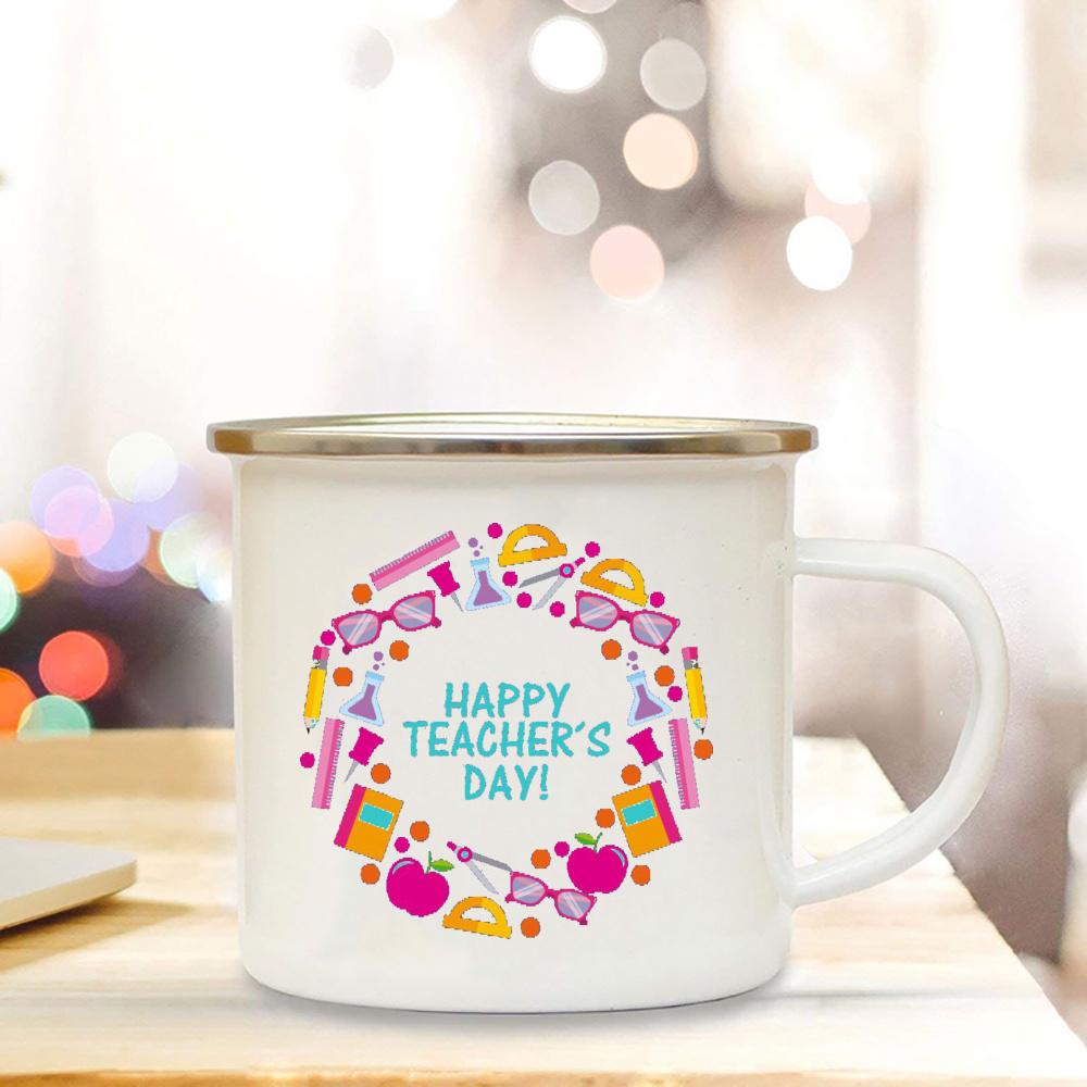 Best Teacher Ever Printed Coffee Mug White Enamel Cups Handle Cocoa Cup Home Office Drinking Mugs Teacher's Day Graduation Gifts