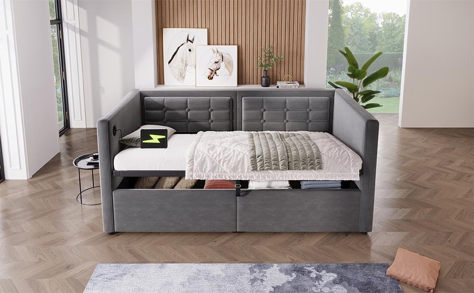 Sofa Bed 90x200 Cm, Single Sofa Bed with Hydraulic Storage USB & Type-C Charging, Guest Bed with Slatted Base, Grey, Velvet, Without Mattress.