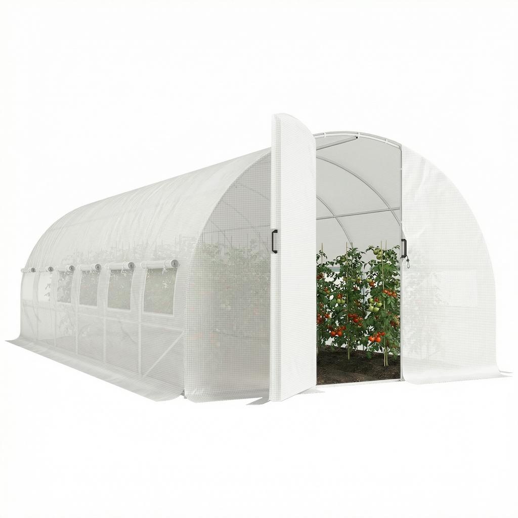 Tunnel Greenhouse, 18 m2, Door, 12 Windows with Mosquito Nets, 295 x 597 x 200 cm, White