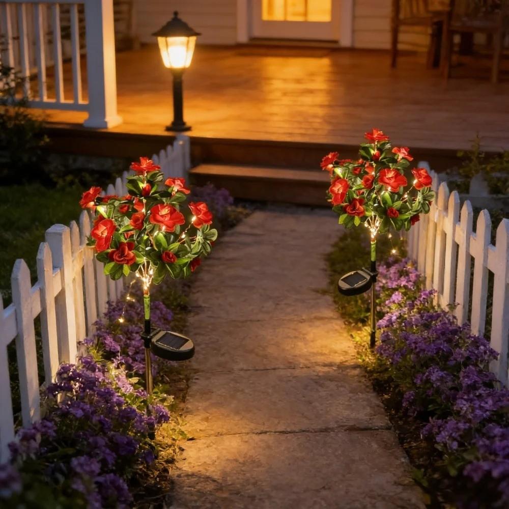 Red Azalea Flower Solar Powered Flower Stake Lights Pathway Decor Outdoor Pathway Lights