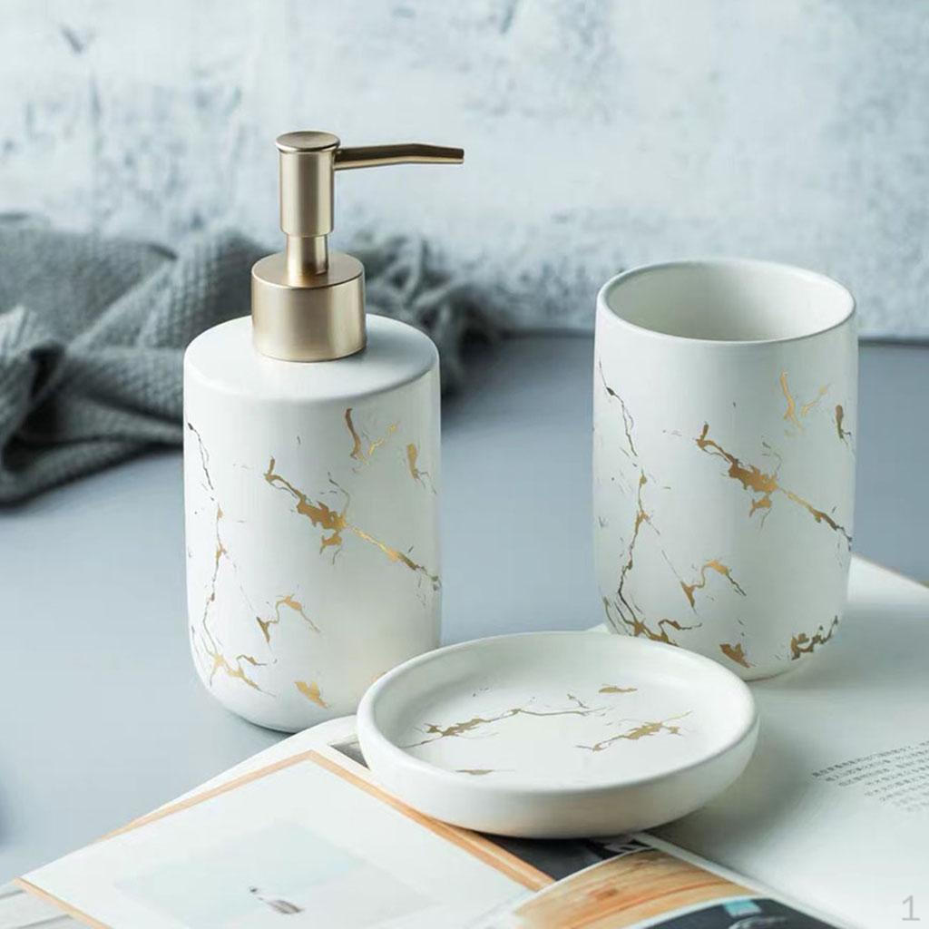 

Bathroom Accessory Set CERAMIC Marble Appearance Dispenser Soap Dish White 3Pcs