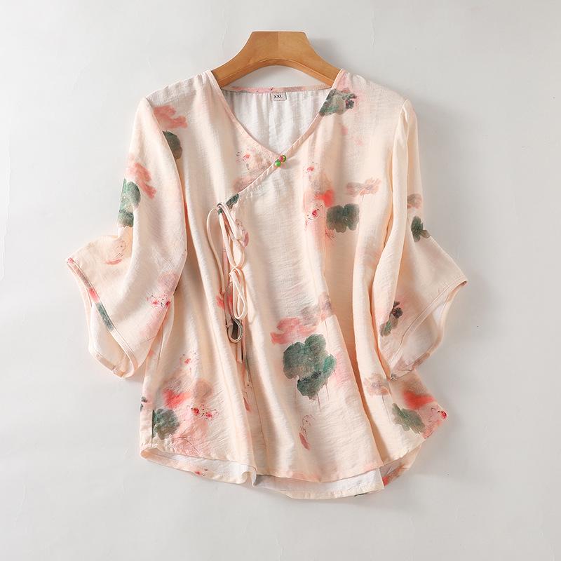 Chinese Style Tencel Cotton Short-Sleeved Top: Soft, Comfortable, and Breathable Pajamas for Middle-Aged and Elderly Women