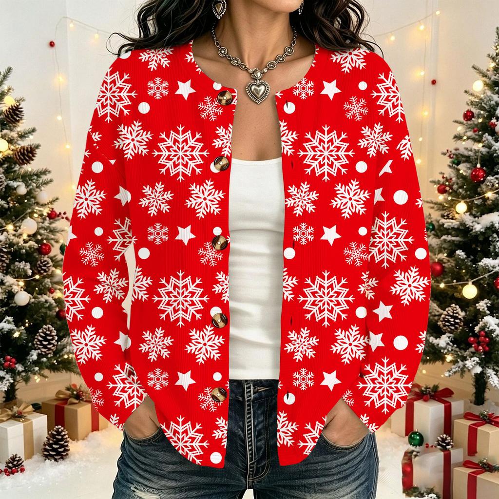 Women's Fashion Christmas Print Long Sleeve Cardigan - Holiday Open Front Knit Sweater for Winter Outfits