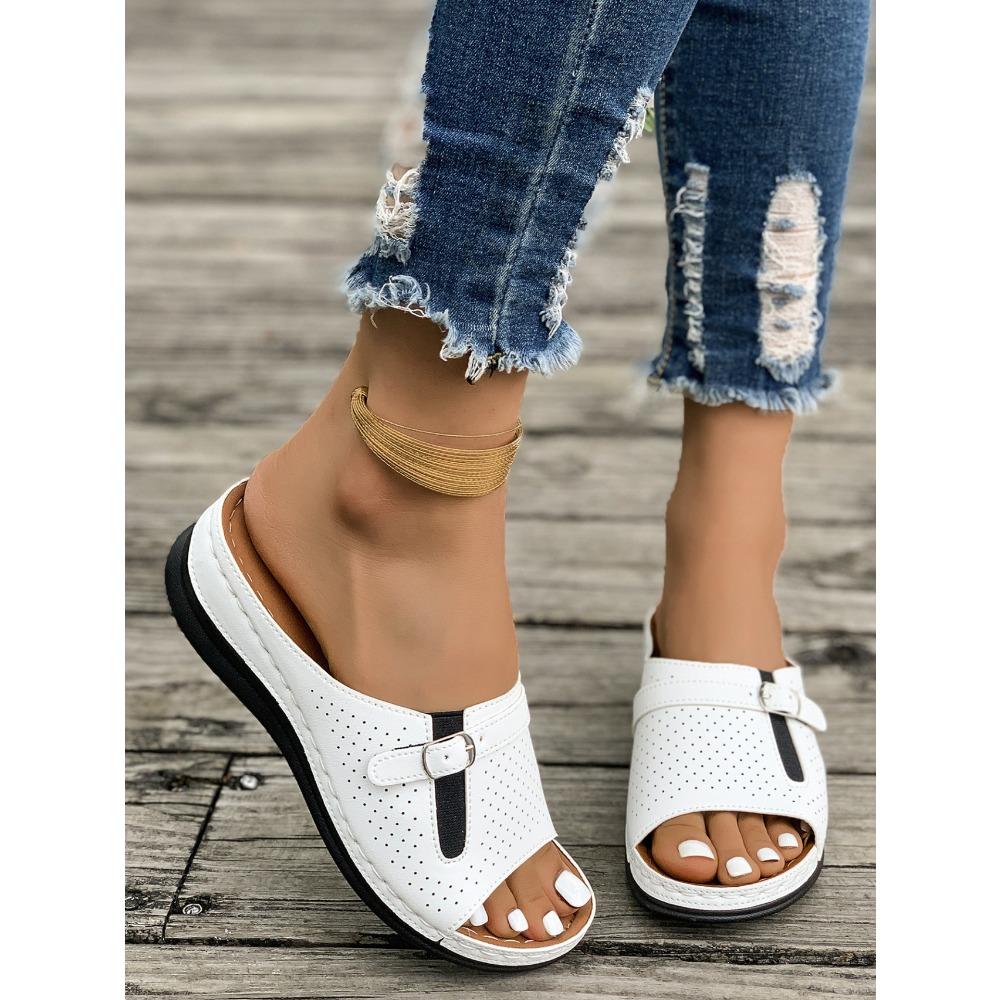 Übergröße Damen Metall Schnalle Eine Riemen Keilabsatz Sandalen, Sommer Dicke Plateau Peep Toe Erhöhte Freizeit Schuhe