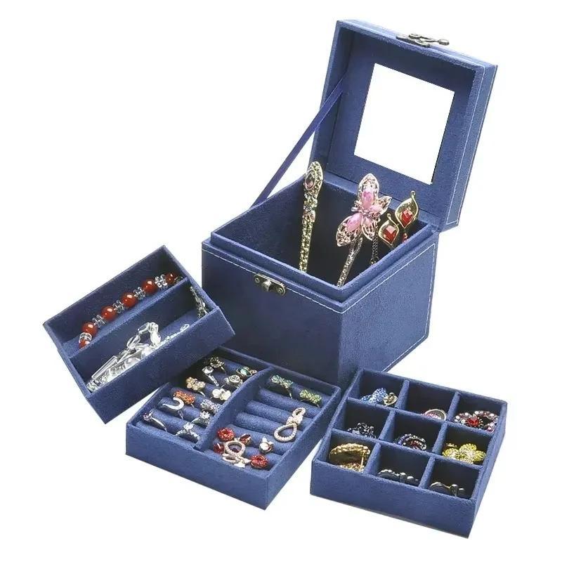 1 Pcs Multi-functional Three-layer Leather Drawer-style Jewelry Box Earrings Lock Jewelry Box Necklace Ring Storage Box