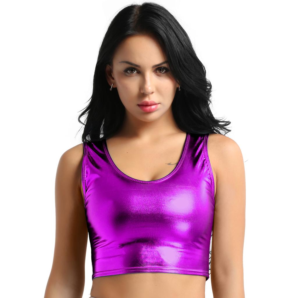 Crop top fără mâneci metalic strălucitor pentru damă, tricou pentru dans disco, bluză, vestă, îmbrăcăminte de club