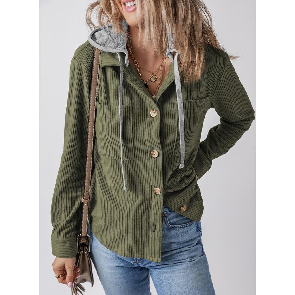 Women's Corduroy Jacket Casual Long Sleeved Hooded Button Down Short Jacket with Pockets