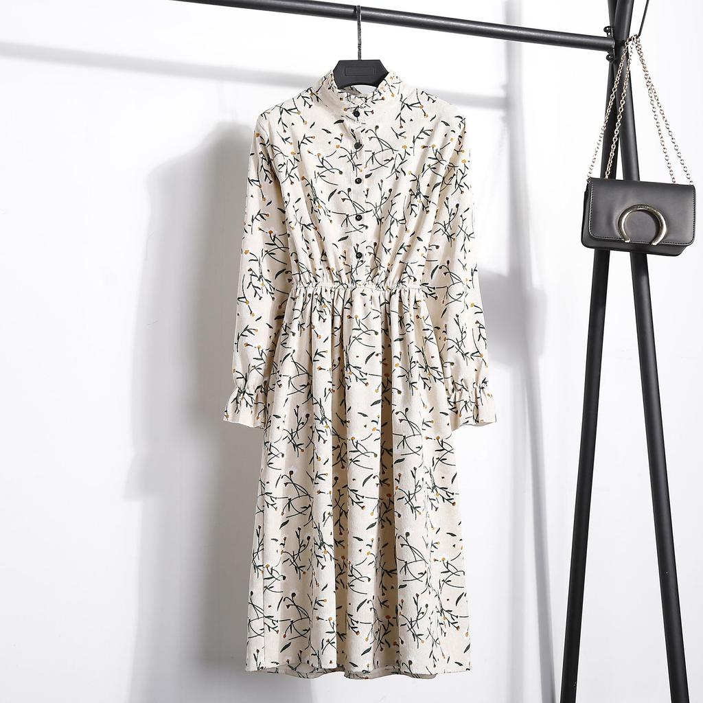 Vintage Collar Long Sleeve Corduroy Floral Dress Women's Party Ruffle Dress Bohemia Print Dress