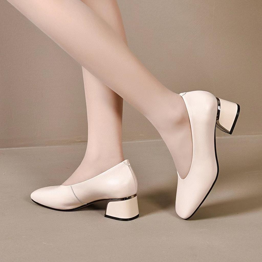 Spring and Summer Models Square Head Thick with Shallow Mouth Women's Shoes Head Cowhide Simple Temperament Work Shoes