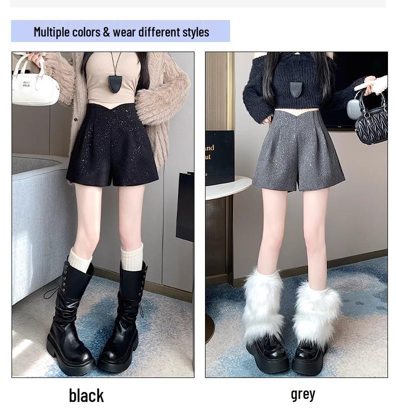 Women's High-Waisted Sequin Tweed Wide-Leg Shorts, Autumn/Winter 2025, Plus Size Slimming Design