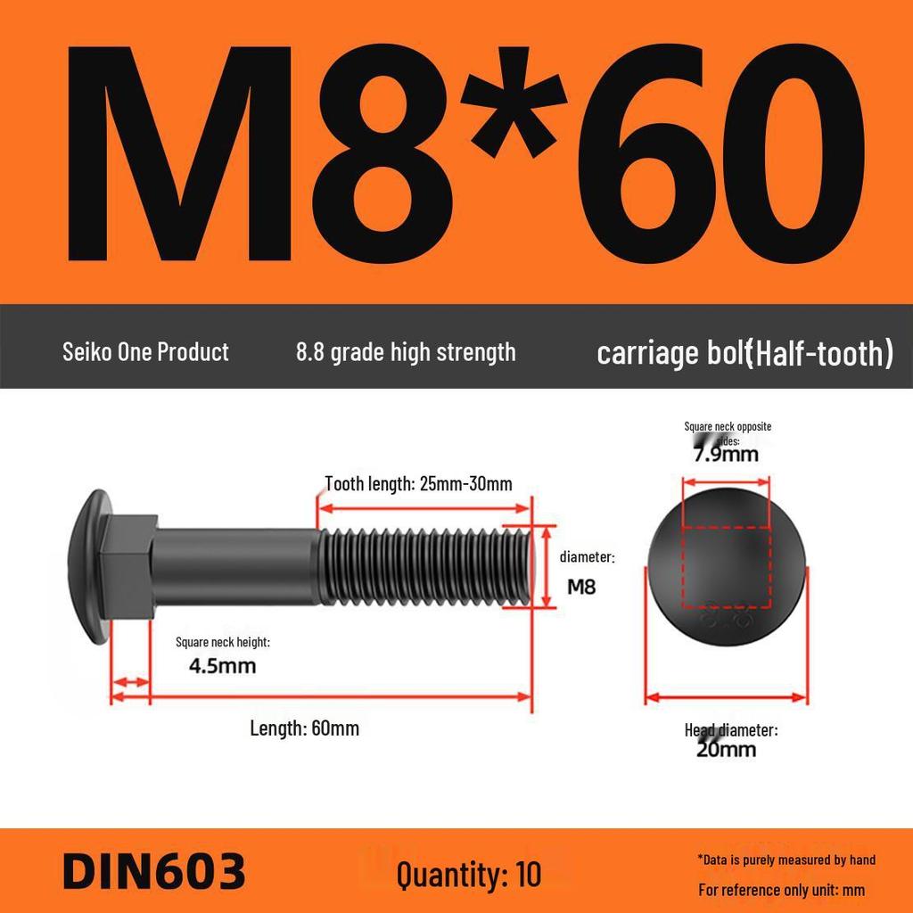 High-Strength Grade 8.8 Carriage Bolts: Round Head, Square Neck, M6-M16 Sizes for Shelf and Bridge Frames