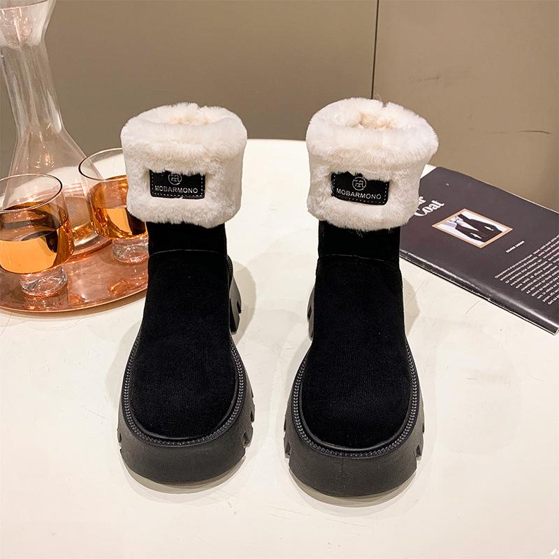 2025 New Thick-soled Heightening Snow Boots Women's Winter Plush Warm Retro Thick Heel Pile Fur Collar Short Boots