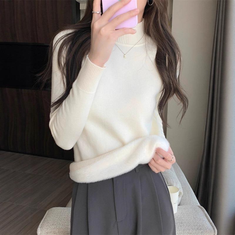 Autumn and winter semi-turtleneck velvet thickened top women's warm inner round neck long-sleeved T-shirt women's base versatile sweater