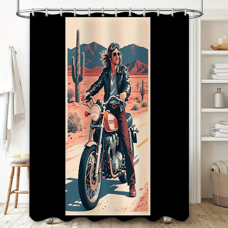 Motorcycle Rider Shower Curtain Motorcycle Lover Gift Vintage Racing Bike Wall Art Bathroom Decor Rocker Musician Cool Black Mot