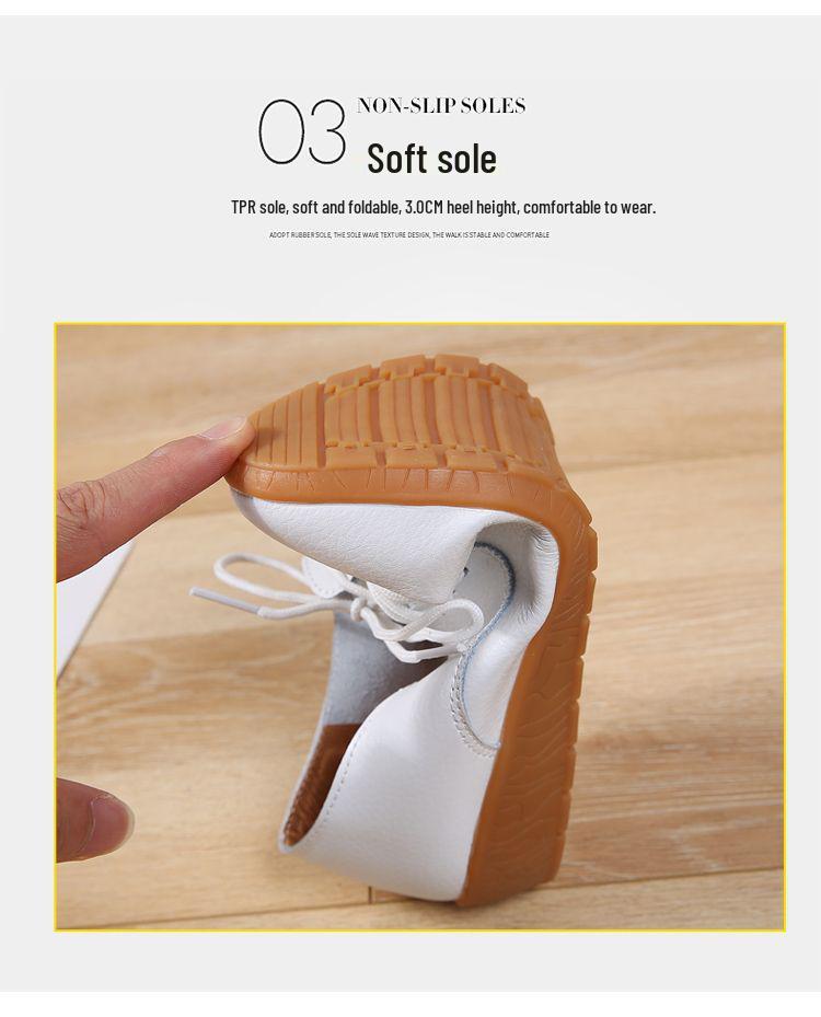 Women's White Lace-up Round Toe Non-slip Genuine Leather Flat Shoes - Casual & Versatile Korean Style