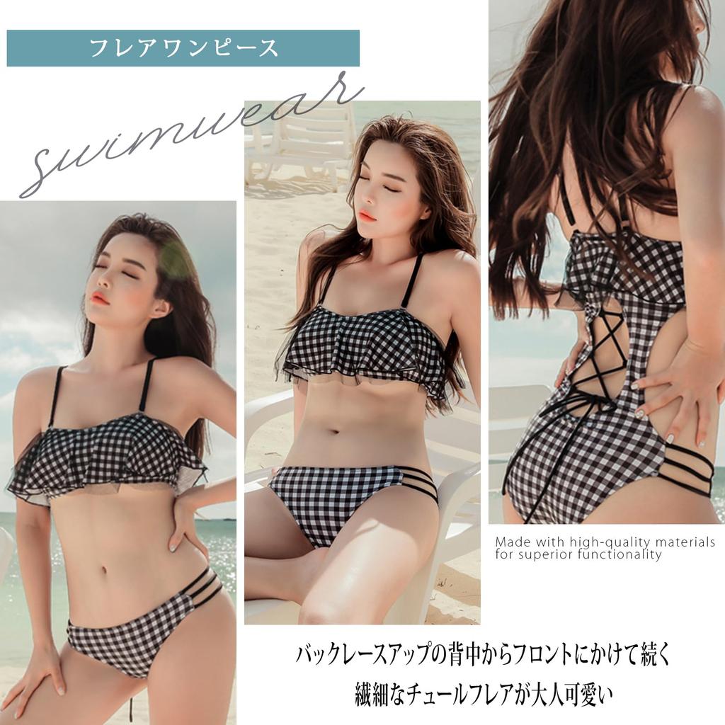 size L [RAVIR] Women's one-piece swimsuit, flare, lace, check,