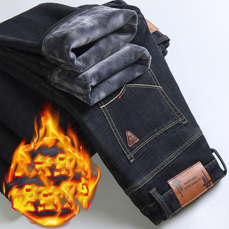 Zimní pánské teplé slim fit džíny business móda zahuštěné džínové kalhoty fleecové strečové značkové kalhoty černé modré