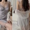 Satin Splicing Lace Perspective Sexy Deep V Plus Chest Pad Suspender Nightdress Robe Home Set