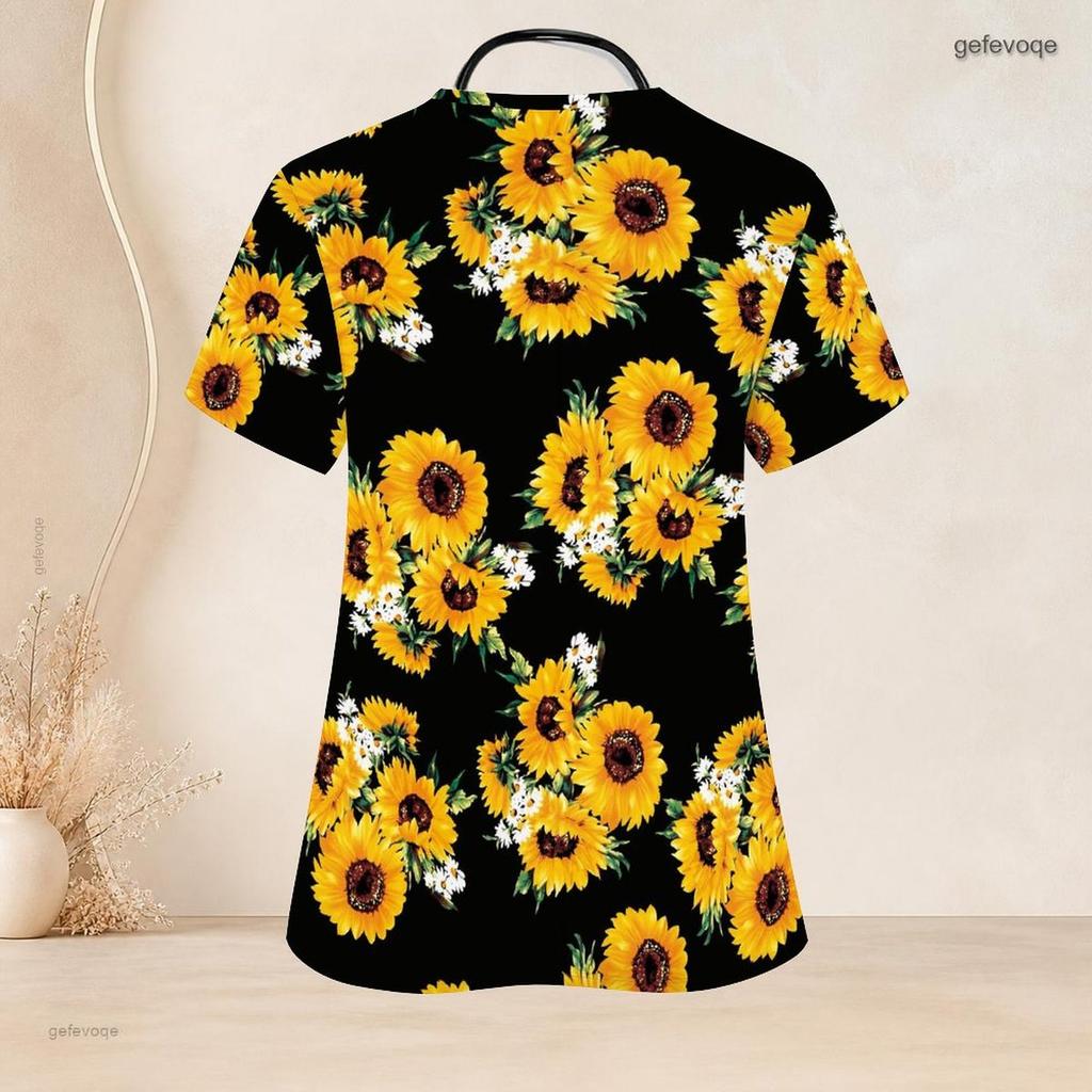 Women Plus Size Keyhole Neck Short Sleeve USA Flag Printed Nurse Scrub Top With Front Pockets