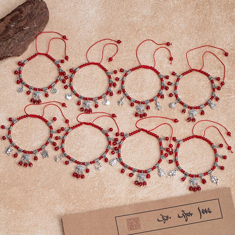 Red String Foot Chain Garnet Foot Accessory Long-life Lock Bell Handcrafted Beaded Accessory