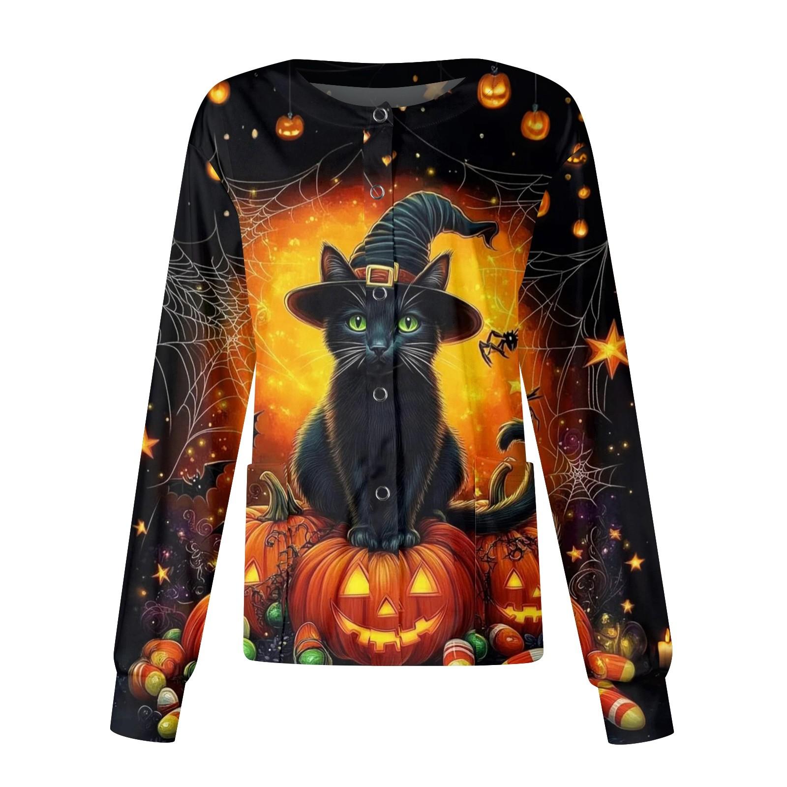 

Женский кардиган с принтом на Хэллоуин, повседневный, с длинными рукавами, на пуговицах, рабочая униформа XXXXL жёлтый