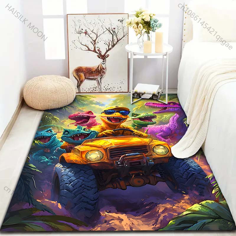 Dinosaurier Fahren mit Sonnenbrille Print Teppich für Schlafzimmer Wohnzimmer Bettseite Sofa Bodenmatte Moderne Heimdekoration Spielbereich Teppich