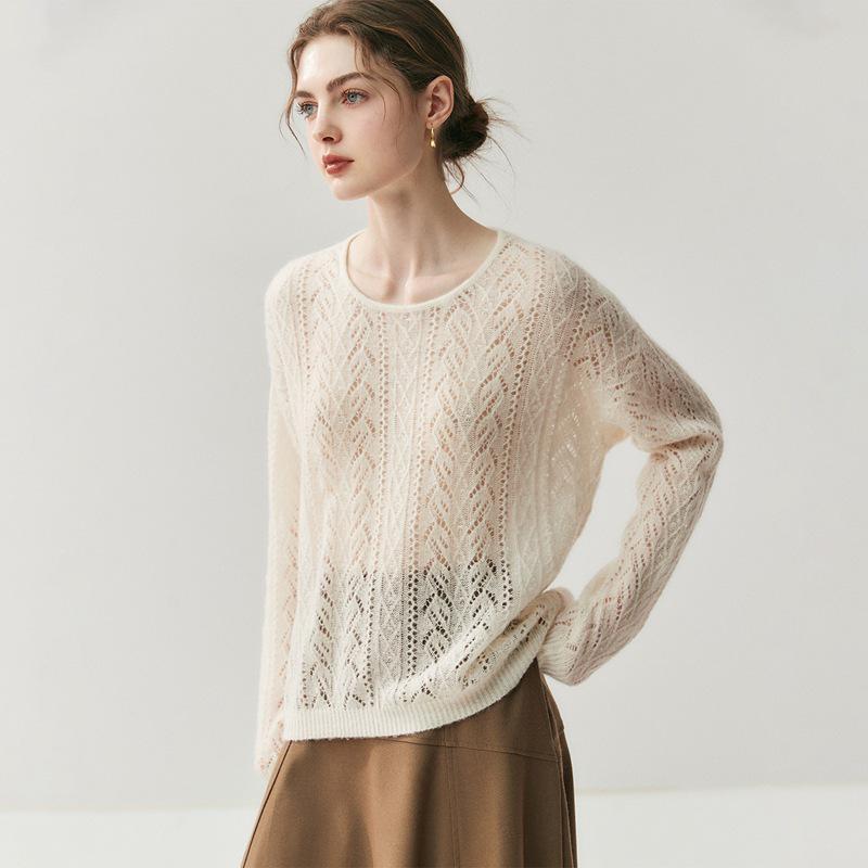 2025 Autumn/Winter Round Neck Cashmere Hollow Knit Cardigan - Women's Plus Size, Loose Fit, Versatile & Lazy Style Sweater