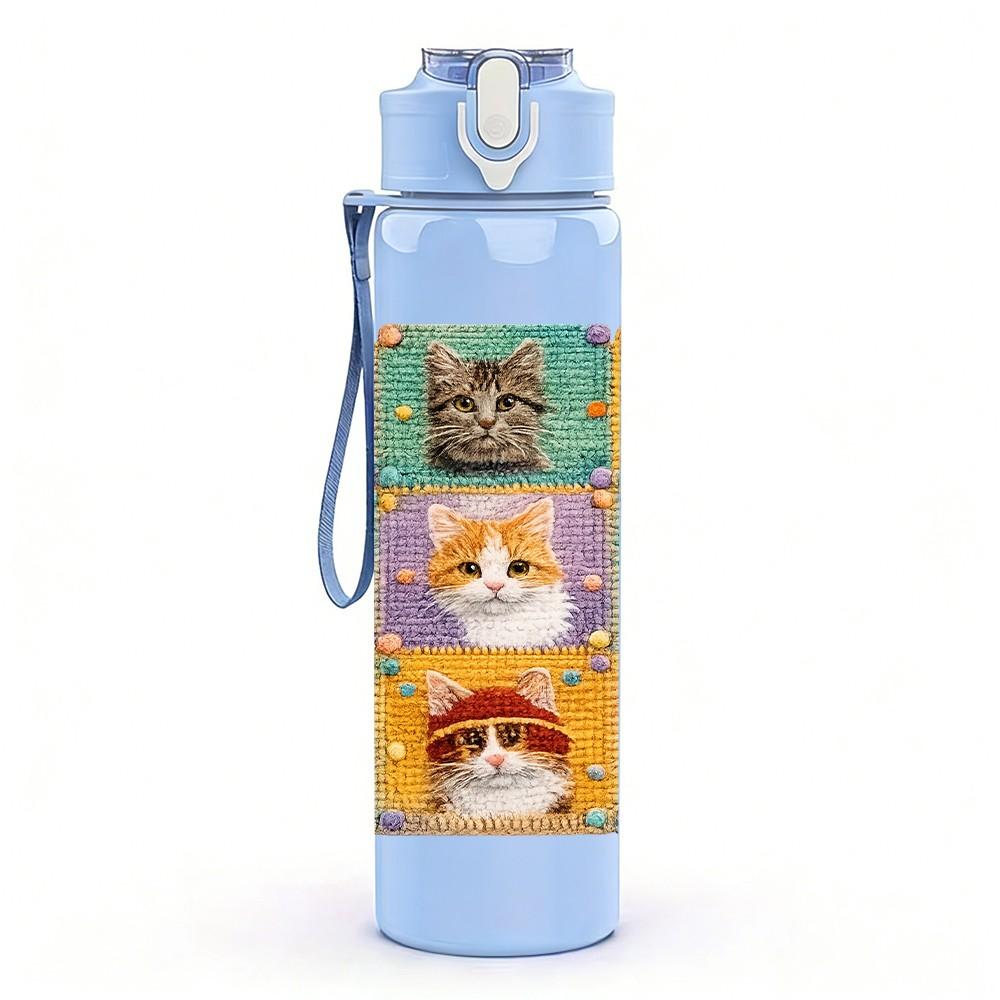 1PC Patchwork Tile With Multiple Cat Faces Print 750ml Color Plastic Sports Water Bottle Leakproof Flip Straw Lid Suitable for Sports Office Home Use