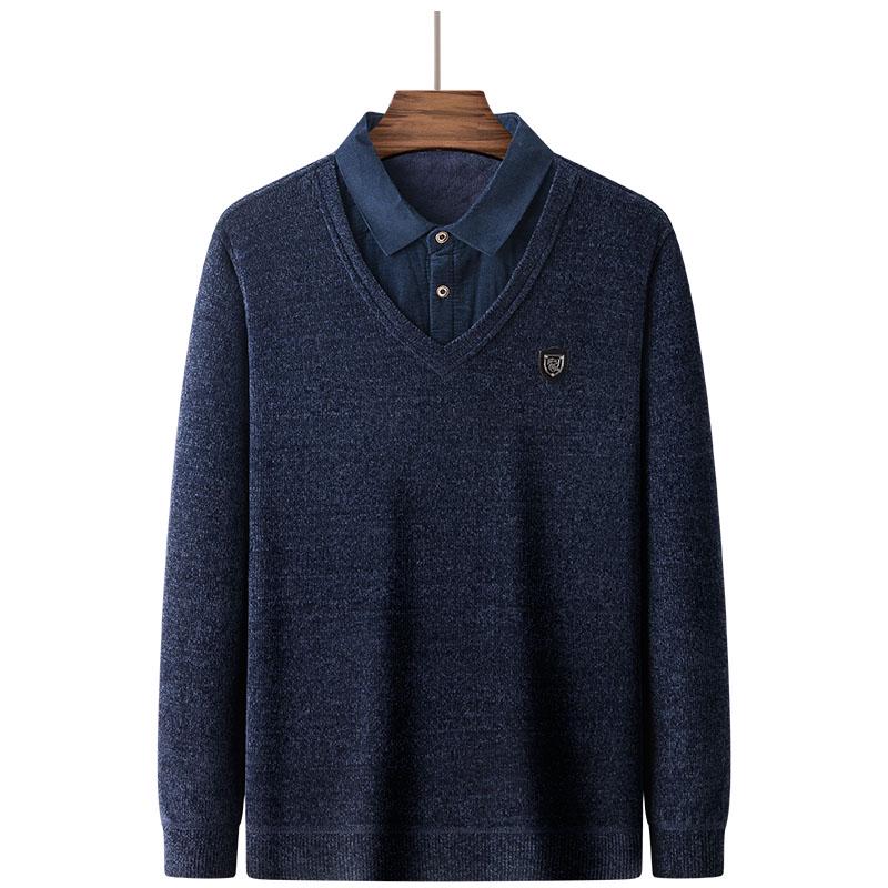 Dad's Winter Warm Chenille Knitwear: Men's Fleece-Lined Two-Piece Sweater with Thick Shirt Collar for Autumn/Winter.